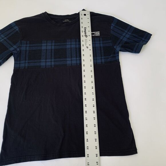 Zara Shirt Men Small Black Blue Buffalo Plaid Crewneck Quote Streetwear Preppy - Picture 6 of 7